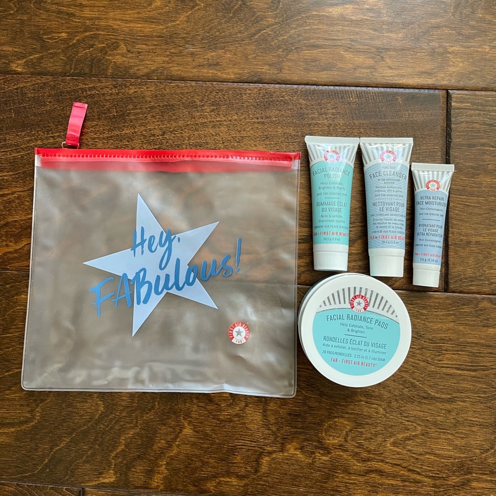 New First Aid Beauty FAB Bundle Face Cleanser Radiance Pads Polish Ultra Repair